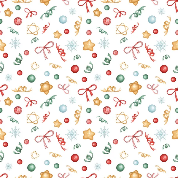 Christmas seamless pattern with snowflakes, toys, holly, balls, stars, bows. Christmas background. Suitable for fabric, wrapping paper, prints, clothing, etc — Stock Photo, Image