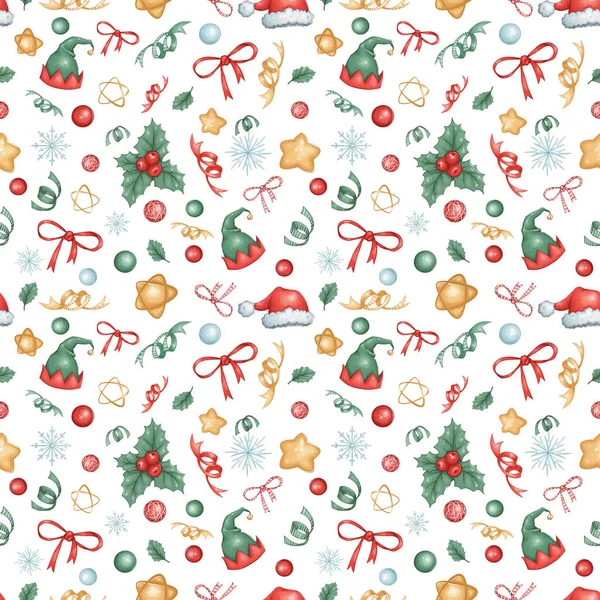 Boże Narodzenie bezproblemowy wzór z płatków śniegu, zabawki, Holly, kapelusze, kulki, gwiazdy, łuki. Świąteczne tło. Nadaje się do tkanin, papieru pakowego, nadruków, odzieży itp.. — Zdjęcie stockowe