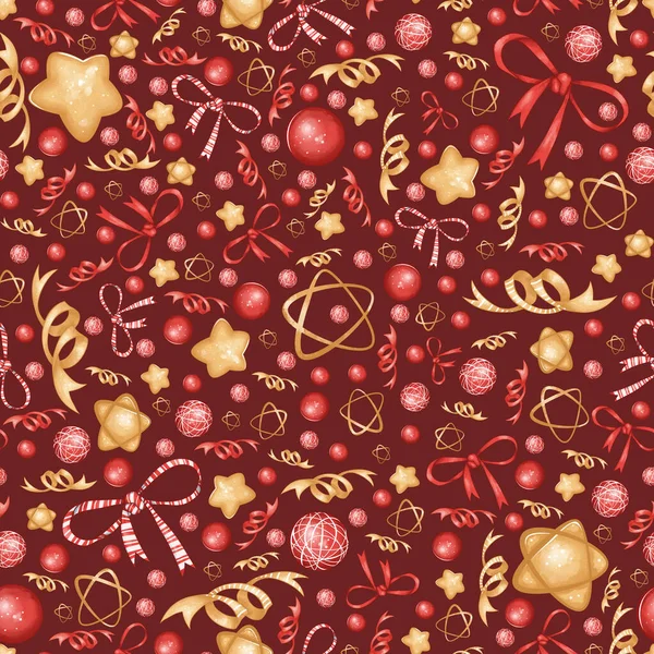 Patrón sin costuras de Navidad con arcos, destellos, bolas, estrellas, confeti sobre un fondo rojo. Ideal para impresiones, textiles, papel de envolver de fiesta. —  Fotos de Stock