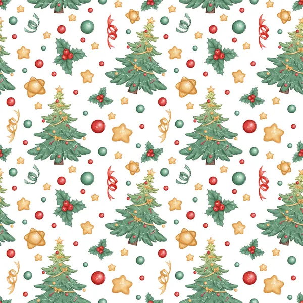 Boże Narodzenie bezproblemowy wzór z choinki i noworoczne zabawki na białym tle. Świetne do świątecznej dekoracji tkaniny, papieru pakowego, prezentów, pocztówek. — Zdjęcie stockowe