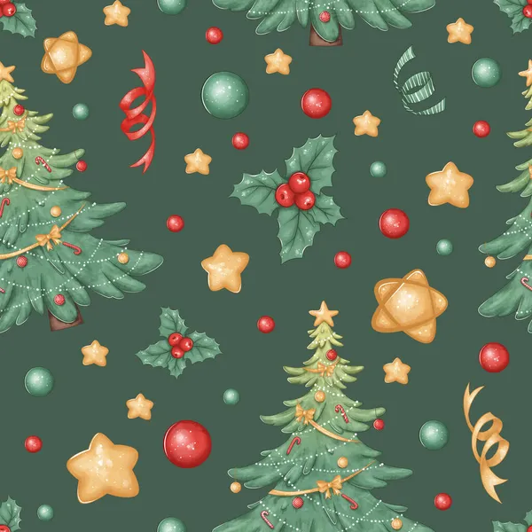 Modello senza cuciture di Natale con stelle d'oro, albero di Natale e giocattoli. Struttura senza cuciture grande per la decorazione festiva di tessuto, carta da imballaggio, regali, carte. — Foto Stock