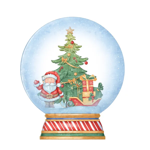 Sněhová koule s vánočním stromečkem a Santa Clausem. Nový rok ilustrace slavnostní hračka. Vhodné pro balení papíru, dárků, karet, samolepek a dalších — Stock fotografie