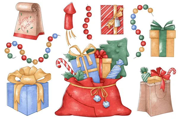 Набор новогодних подарков. Новогодняя сумка с подарками. Мешок Санта Клауса, гирлянда, фейерверк. Отлично подходит для украшения, дизайна, декора. — стоковое фото