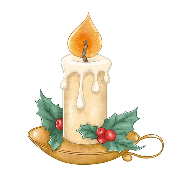Candle and holly isolated on white background. Merry Christmas, symbol, holiday, religion. Beautiful background, postcard. — Stock Photo, Image