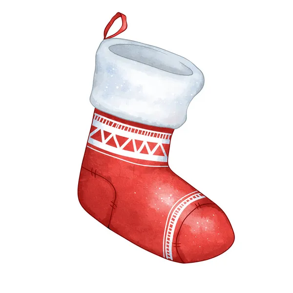 Vánoční ponožka na bílém pozadí. Nový rok dovolená ilustrace ve stylu akvarelu. Skvělé pro pohlednice, dekor a další. — Stock fotografie