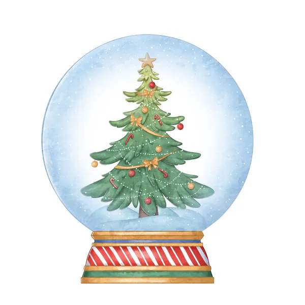 Ilustração de um globo de neve com uma árvore de Natal dentro. Desenho de Ano Novo. — Fotografia de Stock