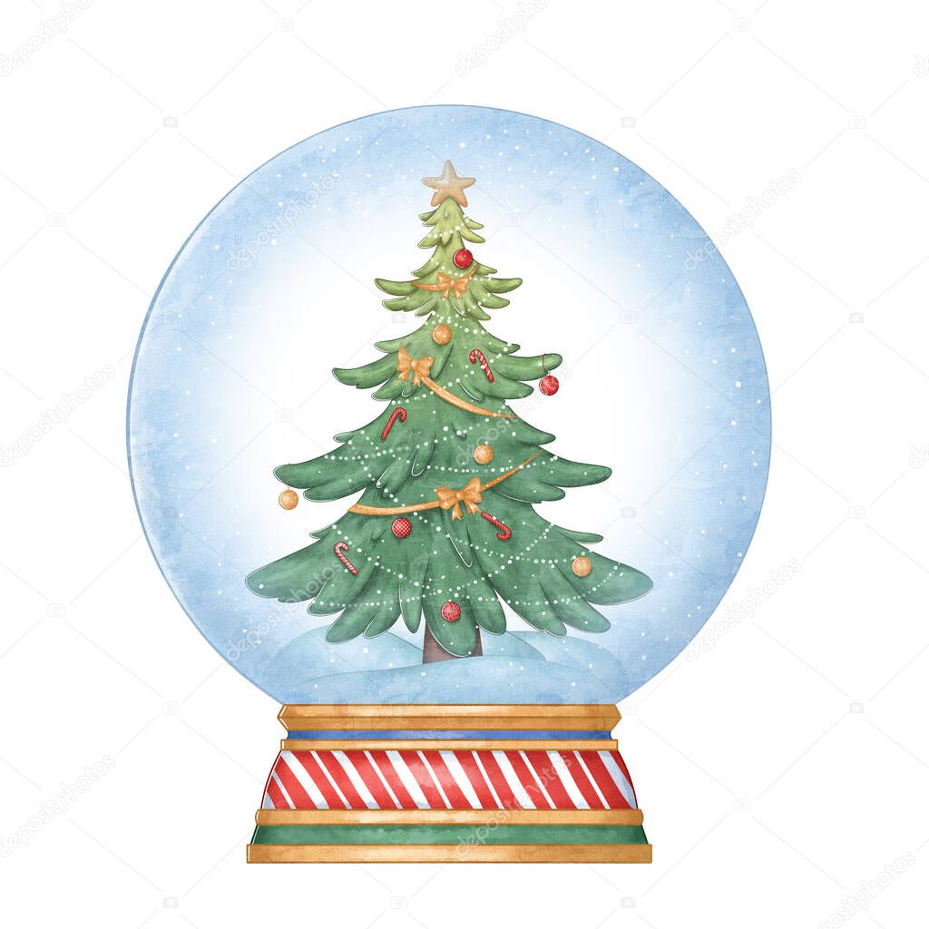 Illustration of a snow globe with a Christmas tree inside. New year drawing.