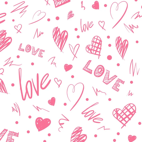 Valentijnsdag naadloos patroon. Roze letters, met de hand getrokken harten. Trendy textuur voor textiel, inpakpapier en meer. — Stockvector