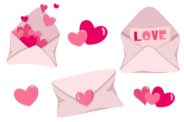 Conjunto de sobres con corazones rosados. Pegatinas del día de San Valentín. — Vector de stock