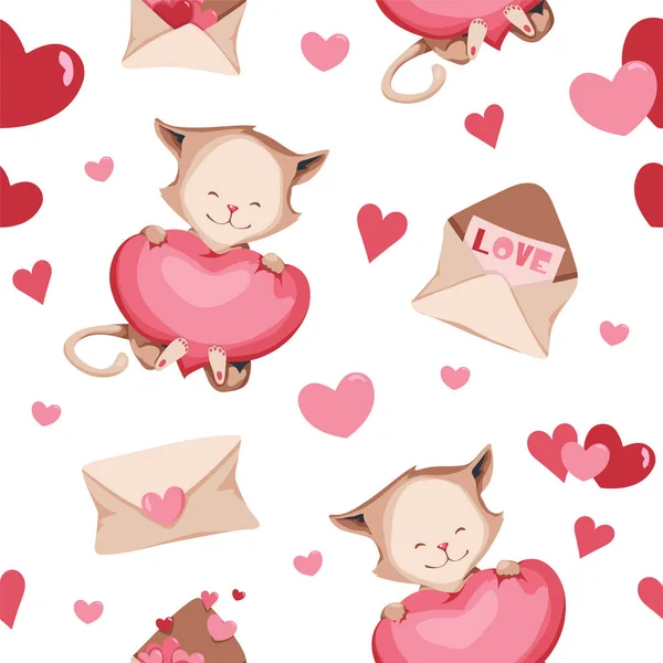 Seamless pattern for Valentines day. Cute cat with hearts. Great for gift paper, cards, party and kids decor. — 图库矢量图片