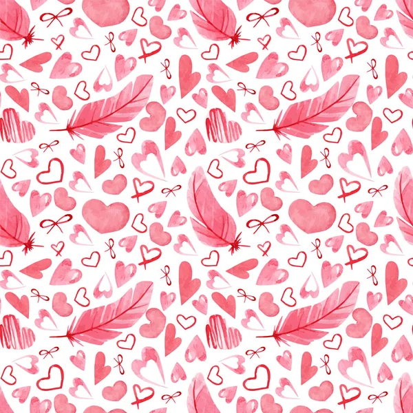 Patrón sin costuras con plumas rosas y corazón. Textura de San Valentín — Vector de stock