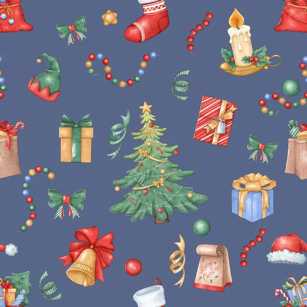 Weihnachten nahtlose Muster mit Weihnachtsbaum, Geschenke, Girlanden, auf blauem Hintergrund. Ideal für Papier, Textilien und mehr — Stockfoto
