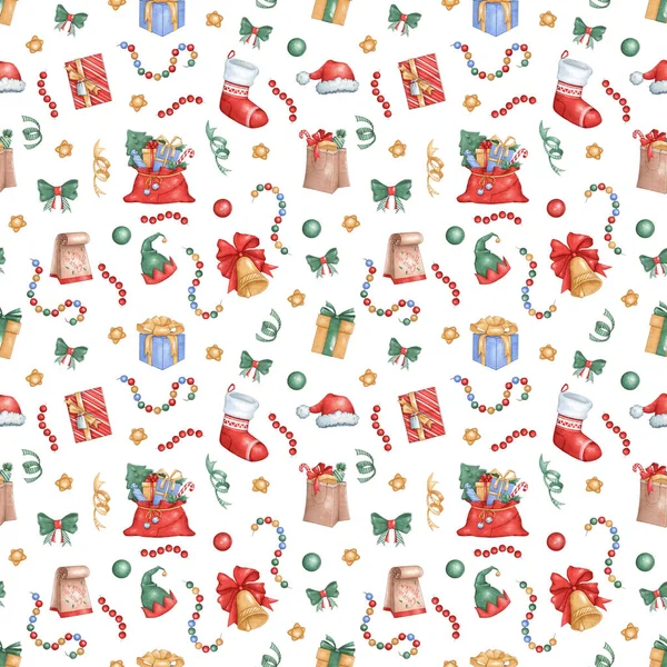 Christmas seamless pattern. Gifts, gift sock, Santa Claus hat, snowflakes, garland. Light texture for fabric, gift paper, New Years decor. - Stock-foto