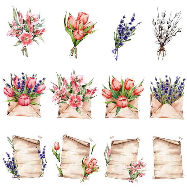 Een set lentebloemen in konyerts en perkament. Lily, tulpen, lavendel. Ideaal voor stickers, ansichtkaarten, decor en meer. — Stockfoto
