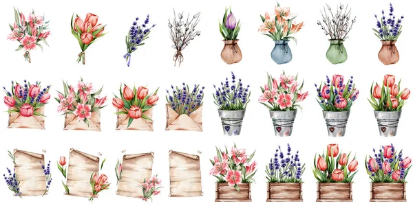 Een set lentebloemen in houten dozen, potten, enveloppen. Lily, tulpen, lavendel. Ideaal voor stickers, ansichtkaarten, decor en meer. — Stockfoto