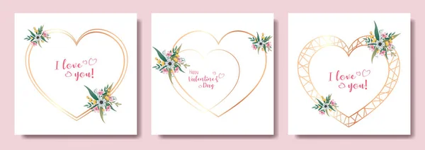 발렌틴 데이 카드와 결혼 초대장을 위한 황금 하트 컬렉션. 꽃무늬가 있는 단순 한 금속 심경. — 스톡 벡터