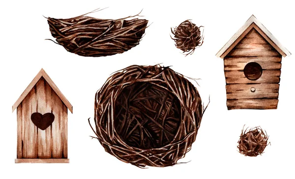 Conjunto de pajareras y nidos de aves en un estilo acuarela. —  Fotos de Stock