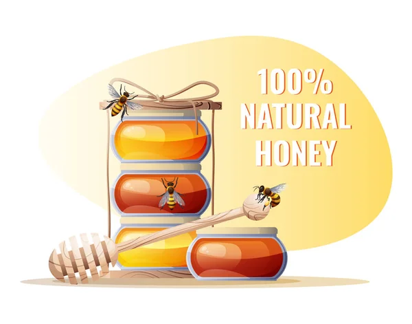 Potten honing met een houten lepel op een gele achtergrond. Reclameposter, banner, sticker, achtergrond — Stockvector