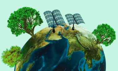 Dünya gezegeninin merkezinde iki güneş paneli, bir tarafında bir ağaç ve görüntünün diğer ucunda da iki ağaç olan üç boyutlu bir çizimi.