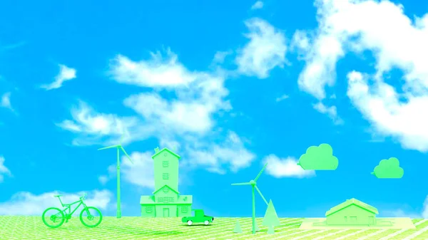 Illustration Liten Stad Grön Ekologisk Och Hållbar Med Liten Byggnad — Stockfoto