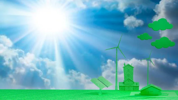 Küçük bir binası, güneş panelleri ve rüzgar türbinleri olan ekolojik ve sürdürülebilir küçük bir kasabanın üç boyutlu bir çizimi. Eko yaşam ve temiz enerji kavramı.