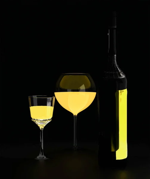 Illustration Two Glasses White Wine Next Bottle White Wine Black — Fotografia de Stock
