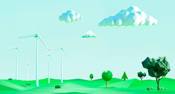 Frühlingslandschaft Mit Windmühlen Auf Der Grünen Wiese Und Umgeben Von — Stockfoto