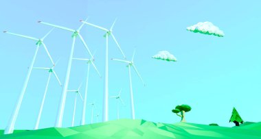 Yeşil tarlalarda sıra sıra yel değirmenleri olan ve doğa ile çevrili bahar manzarası. Alternatif ve yenilenebilir enerji kaynakları kavramı. 3d illüstrasyon