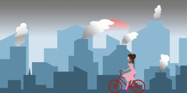 Girl on a bicycle through the polluted city. Concept of alternative means of transportation and solutions for the reduction of environmental pollution. Vectors.