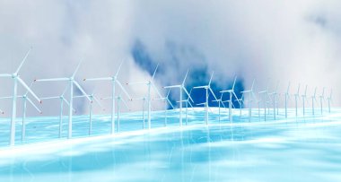 Windmills for the production of electrical energy; wind turbines in the sea; windmills that produce green energy. Renewable energy and clean energy concept. 3d illustration