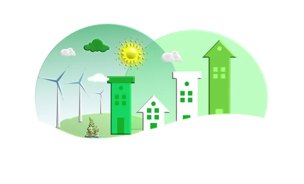 Scene of houses over a parkland valley and windmills. Green and clean energy source. Green and sustainable living concept. Concept of energies and non-fossil fuels.