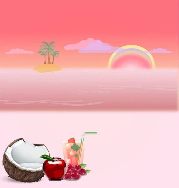 Summer fruit cocktail of coconut and apple on the sand with an island and the sun in the background. Healthy summer vacation concept. vector illustration