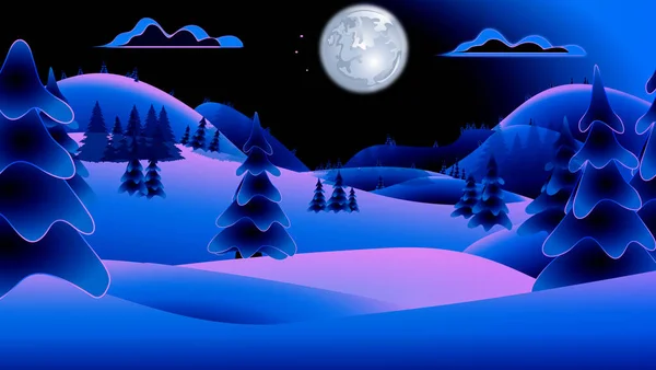 Night snowy mountain landscape background with many pine trees around and full moon. Winter decorative background concept with copy space. vector illustration