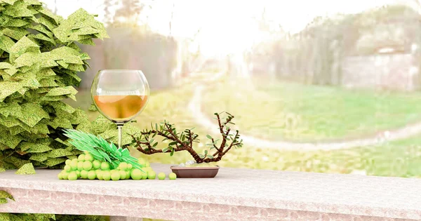 Raisin Vert Verre Vin Blanc Sur Une Table Rustique Extérieur — Photo