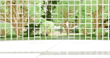  Lüks iç modelleme, geniş alan, küçük pencerelerde sıralanmış cam duvar dışarıdaki yeşil alana ve mermer zemine bakıyor. Lüks ve konforlu mimari iç mekan kavramı. 3d illüstrasyon.