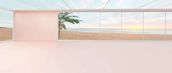 Interior design with ample space, wall and roof of glass windows overlooking the sea and background beach, light pink soil and copy space. Luxury interior design. 3D illustration
