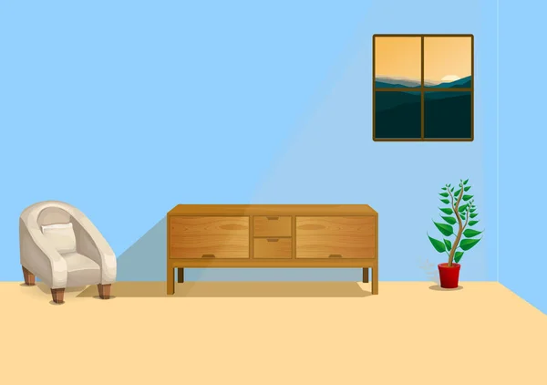 Vektorová Ilustrace Interiéru Místnosti Dřevěnou Stoličkou Uprostřed Oknem Pozadím Západu — Stockový vektor