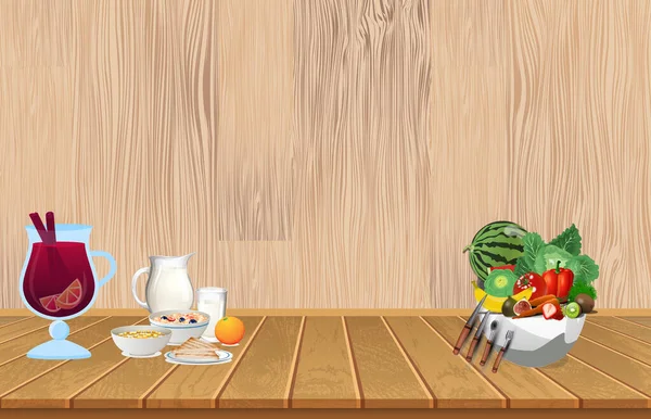 Delicious healthy breakfast, jamaica juice, fruits and vegetables, cereal, milk, orange and bread on a rustic wooden kitchen background. Healthy eating concept. vector illustration