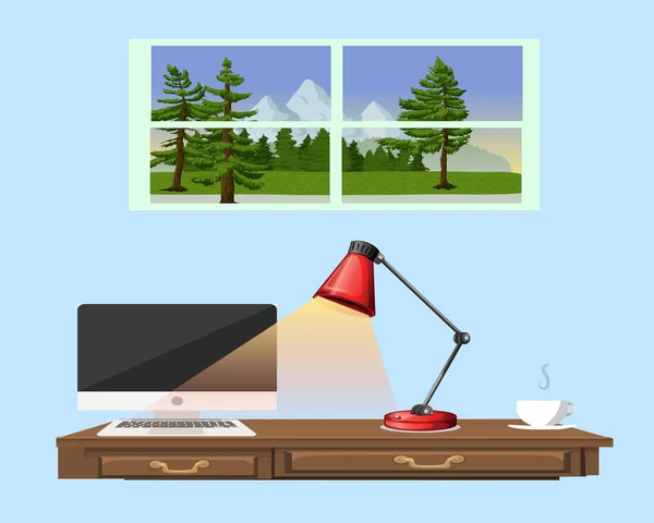 Interior Design Study Room Computer Desk Lamp Cup Coffee Window — Stockvektor