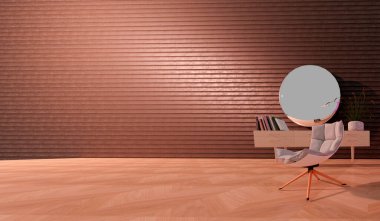 Spacious room luxury interior design, plank wall background, cobblestone wood floor, cabinet with books, mirror and potted plants. Luxury interior design concept. 3d illustration