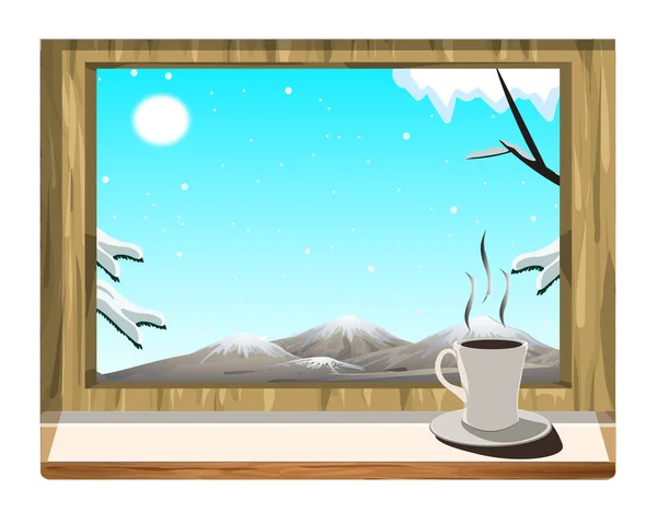 Rustic winter window with a cup of hot coffee in a corner looking out at the snowy landscape outside with the sun rising uphill and copy space. Vector illustration.