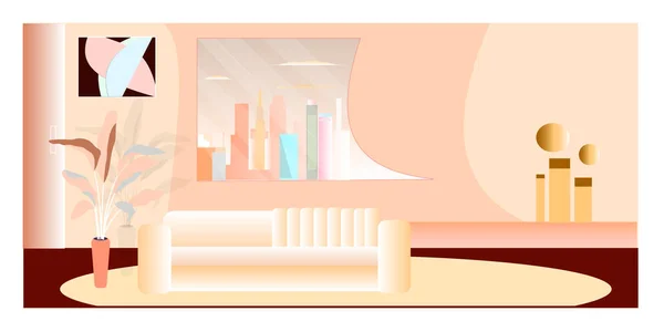 Luxury interior design of room with sofa, decorative fern plant, modern window with city view, abstract decorative painting and figurative decorative elements. Vector design