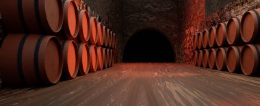 Aged wine barrel cellar. Winemaking. Illustration 3d.