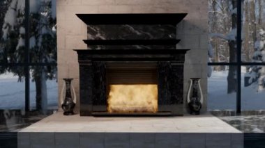 Fireplace with fire burning over a snowy outdoor landscape. 3d animation. 3d video.
