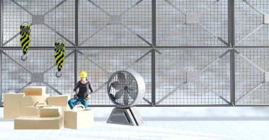 Worker packing and labeling shipping products in a logistics, distribution and warehousing center. Concept of a woman performing her daily work. Lifestyle. 3d illustration.