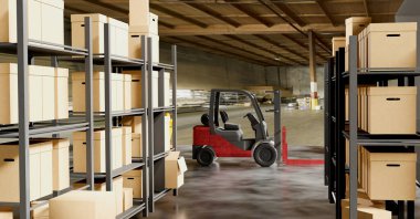 Logistic and merchandise warehouse with parcel racks for shipment and forklift machine. Concept of business, trade and distribution centers. 3D illustration.