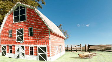 Farm house in an open prairie field at noon. Concept of country life and wild house constructions. 3d illustration.