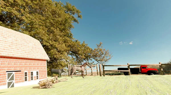 Farm with a house in an open prairie field at noon, horses, bulls and truck. Concept of wild daily life and work and cattle farm. 3d illustration.