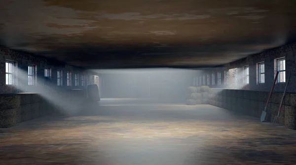 Interior of an empty, dark and foggy barn. Illustration 3d.