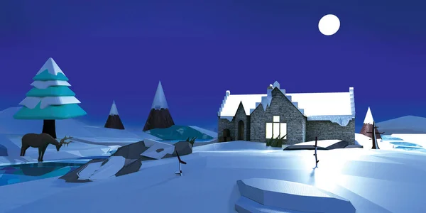 Winter house in an aggregate and night winter landscape. Low poly modeling. 3D illustration.